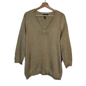 Lauren Ralph Lauren Gold Metallic Knit V Neck Pullover Sweater size 3X Rich Mom